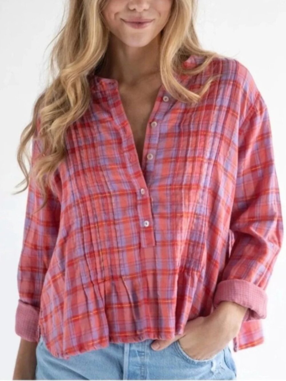 Natural Life Top Medium Plaid Button Down Blouse Pintuck Gold Metallic Pink Boho